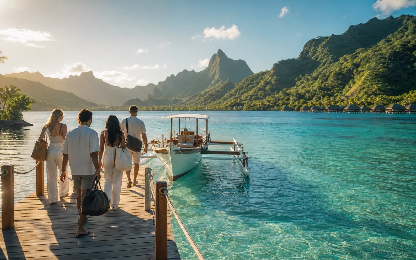 Friends arriving by a turquoise lagoon beneath Tahiti's green volcanic ridges