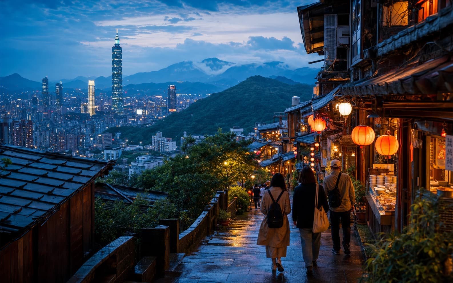 Travelers walking through a lantern-lit Taiwan hillside with Taipei and mountains beyond